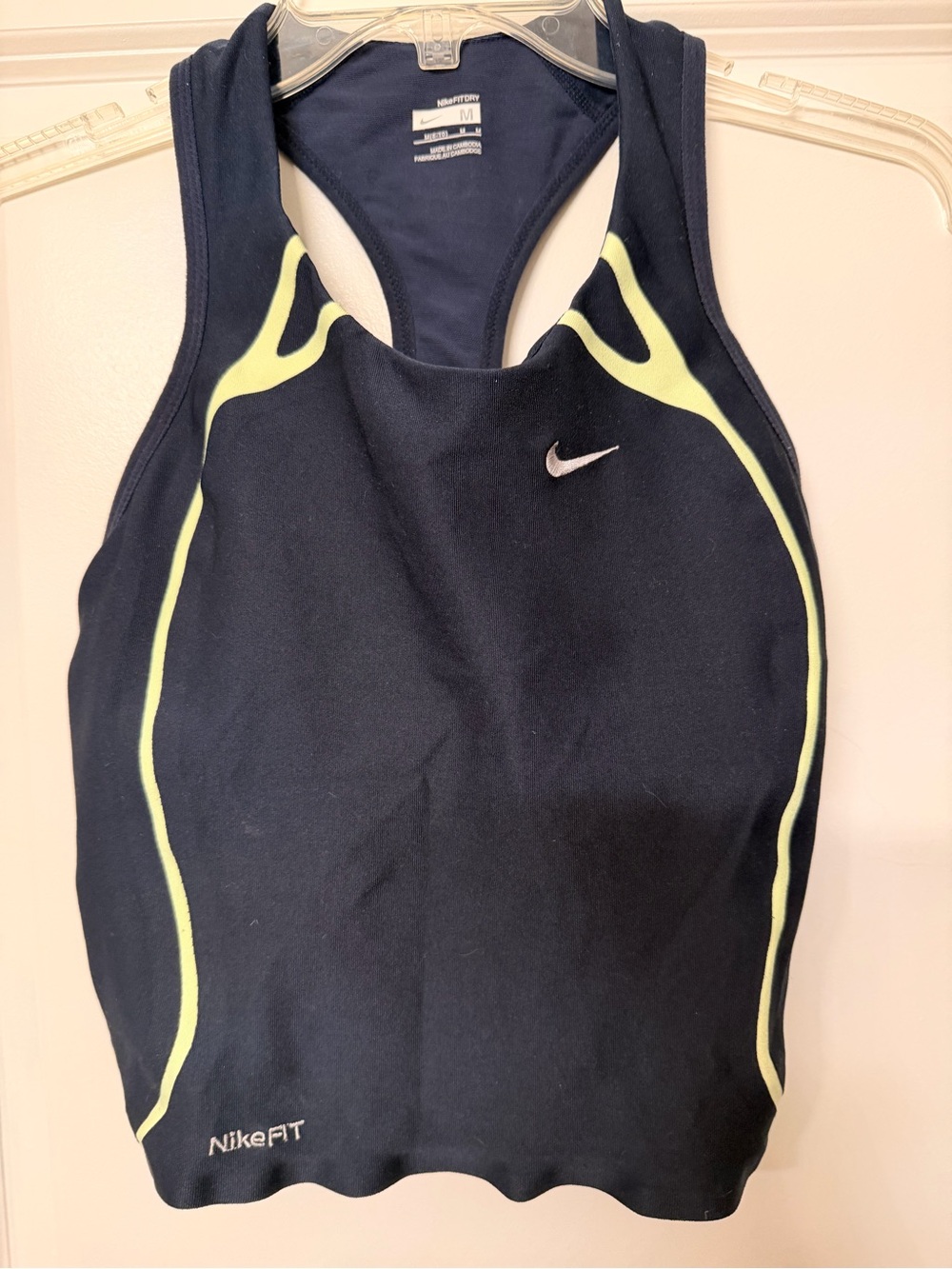 Nike Fit Dri Women’s Navy Sports Bra and short tank top with Yellow Accents